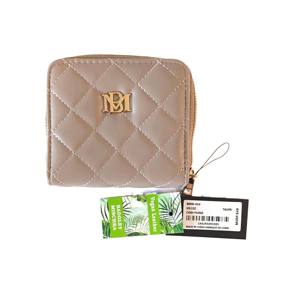 Badgley Mischka Taupe Quilted Zip Around Coin Wallet Card Holder NWT